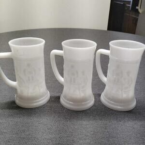 Vintage Milk Glass Mugs 3 pc Set Embossed Figures Collectible Decor